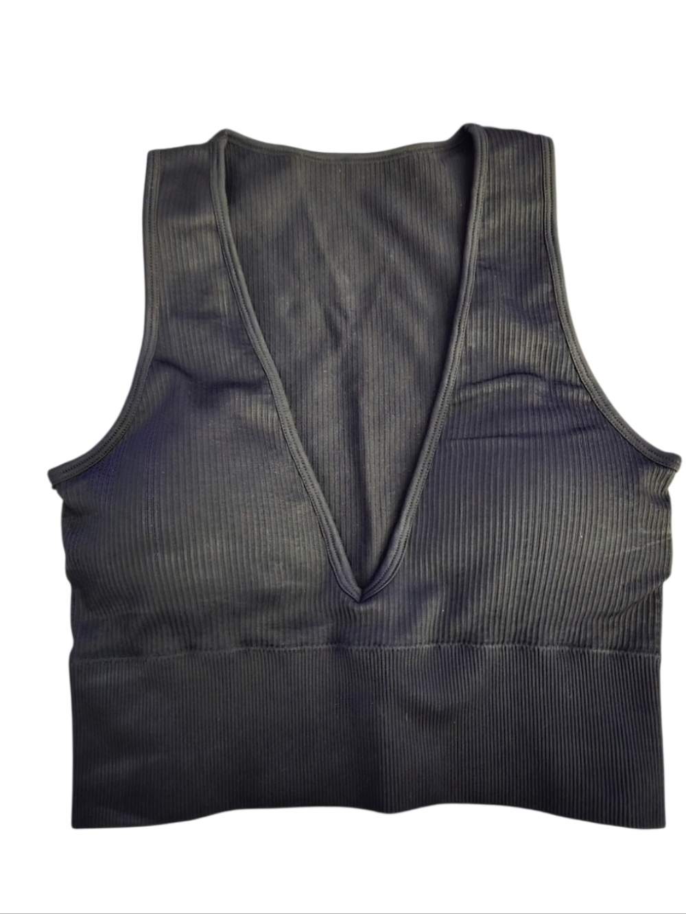 OQQ V Neck Fitted Crop Top Racerback Ribbed Padded Black Size S